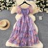 Tea Break Retro French Gentle Style Floral Chiffon Dress for Women with A Cinched Waist and A One Shoulder Puff Sleeve Mesh Skirt