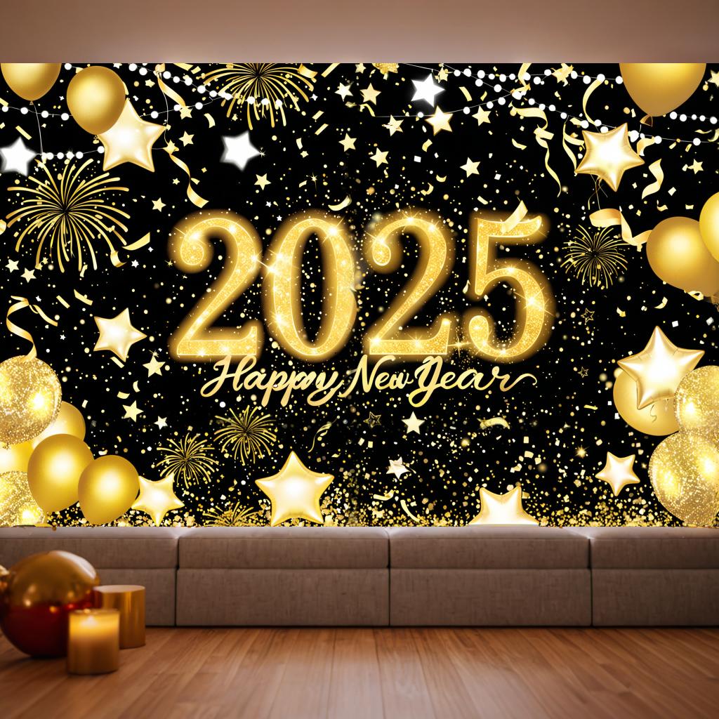 2025 Happy New Year Eve Banner Home Party Background Gold Fireworks  Balloon 180*110cm Banner Wall Decoration Background New In