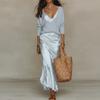 Spring Long Sleeve Loose Sweater Women's Set Elegant V Neck Satin Long Dress Suit Summer Casual Slim Vacation Beach Outfit Mujer
