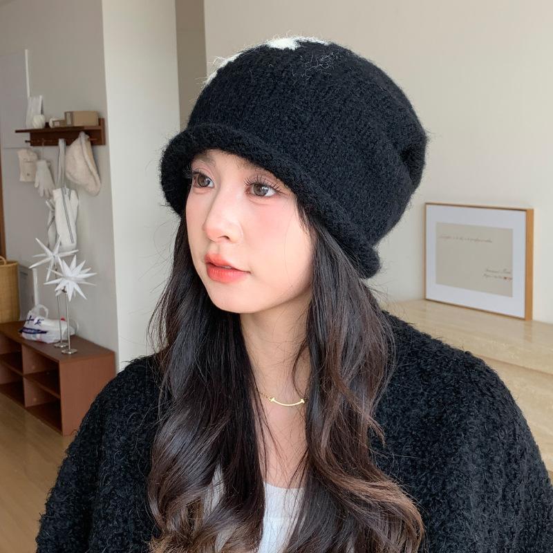 Korean Cute Flower Knitted Wool Hat for Women In Autumn and Winter Versatile Windproof and Warm Pile Hat Big Head Cold Hat