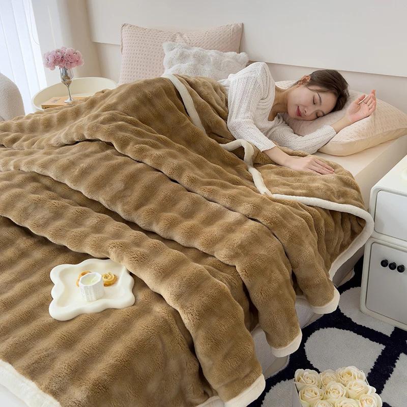 Rabbit Plush Luxurious Solid Color Rabbit Blanket Coral Velvet Double-Sided Thick Spring Warm Pads For Office Nap Time Blanket