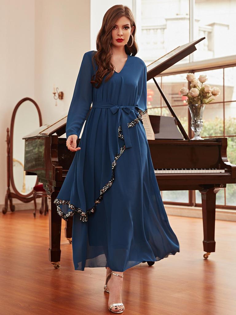 Muslim Dress Purple V-neck Double Layer Chiffon Sequins Irregular Slim Dress