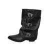 Cowhide Version Pointed Middle Boots Women's Autumn and Winter New Belt Buckle Thick Heel Knight Pleated Pile Boots Leather Thin Boots