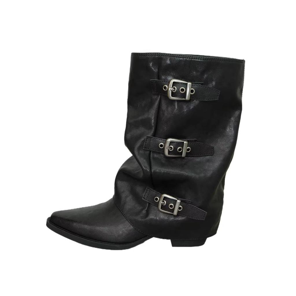 Cowhide Version Pointed Middle Boots Women's Autumn and Winter New Belt Buckle Thick Heel Knight Pleated Pile Boots Leather Thin Boots