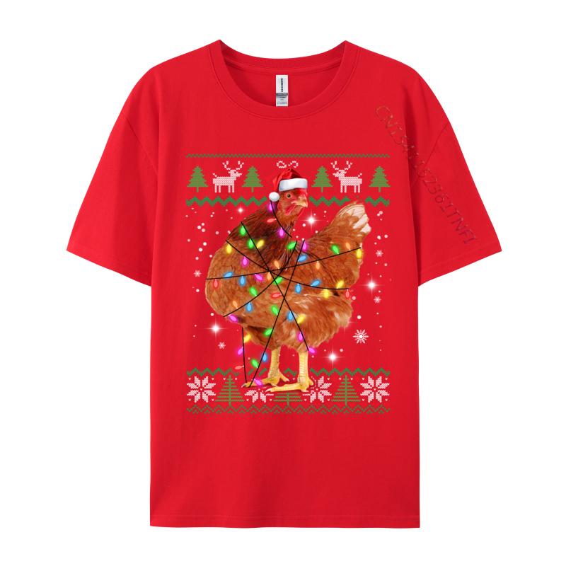 Ugly Christmas Chicken Santa Hat Lights Sweater Xmas T-Shirts Natural Cotton Man Fashion T-Shirt Chicken Santa T-Shirts Casual