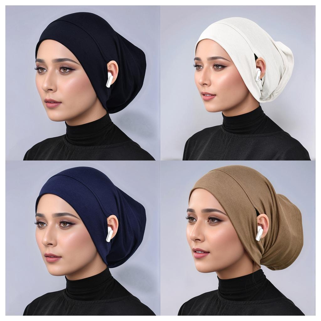 Solid Color Modal Under Cap With Ear Hole Hijab Caps Muslim Woman Hijabs Inner Scarf Lady Bandanas Cap Under Caps Soft Hijabs