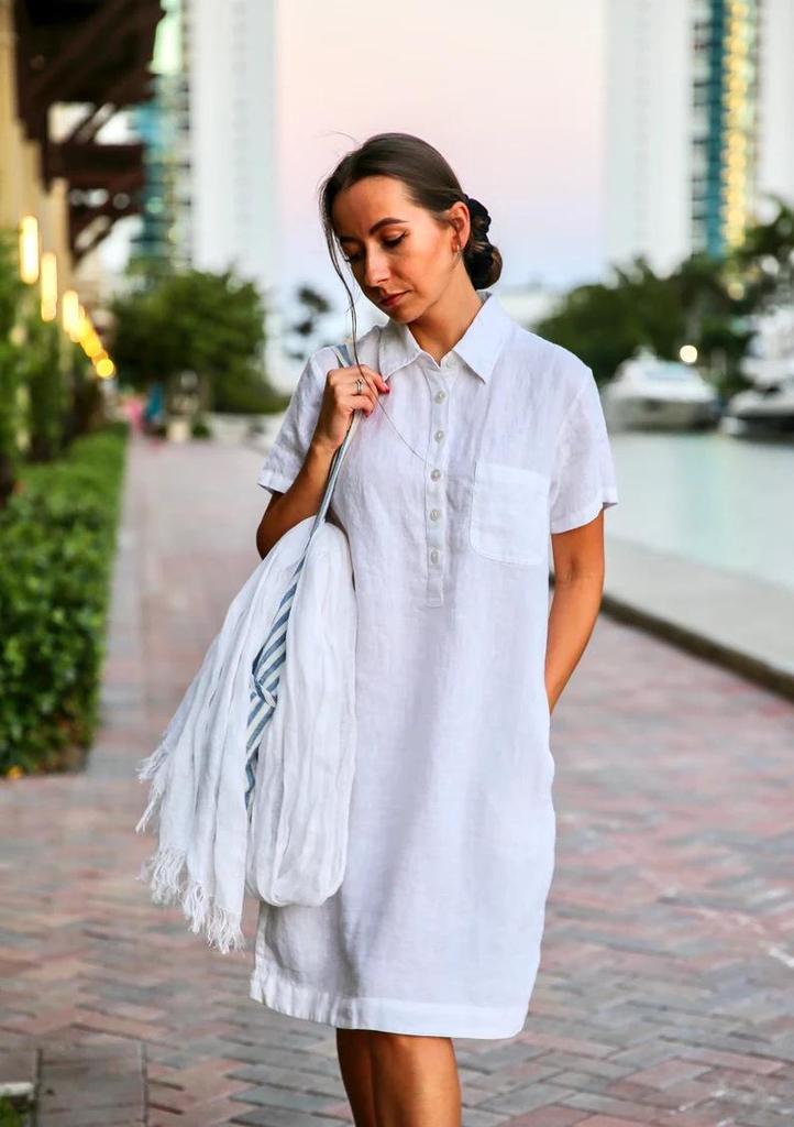 2022 European & American Style Cotton Linen Shirt Dress with Pockets and Buttons