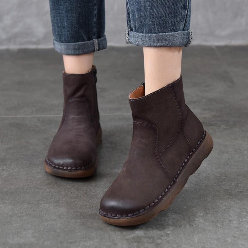 Johnature Versatile Women's Short Boots Round Toe Side Zipper Retro Genuine Leather Flat Boots