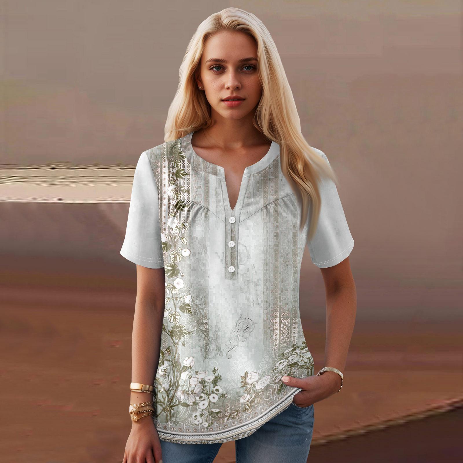 

Женская повседневная футболка с v-образным вырезом и коротким рукавом с цветочным принтом и декоративными пуговицами, топ XL белый