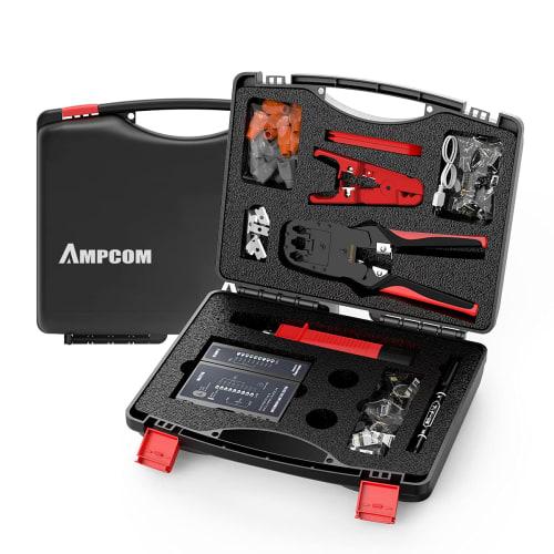 AMPCOM LAN Cable DIY Tool Kit, 12-Piece Tool Set with Crimping Pliers, Cable Tester, Push-Down Tool, Stripping Tool, Modular Plugs, and Storage Case