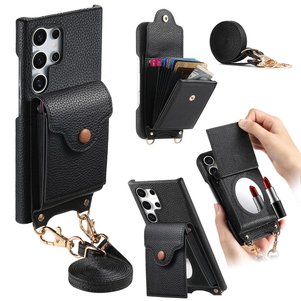 For Samsung Galaxy S25 Ultra Case Mirror Card Holder Litchi Texture Leather Phone Back Cover with Long Strap