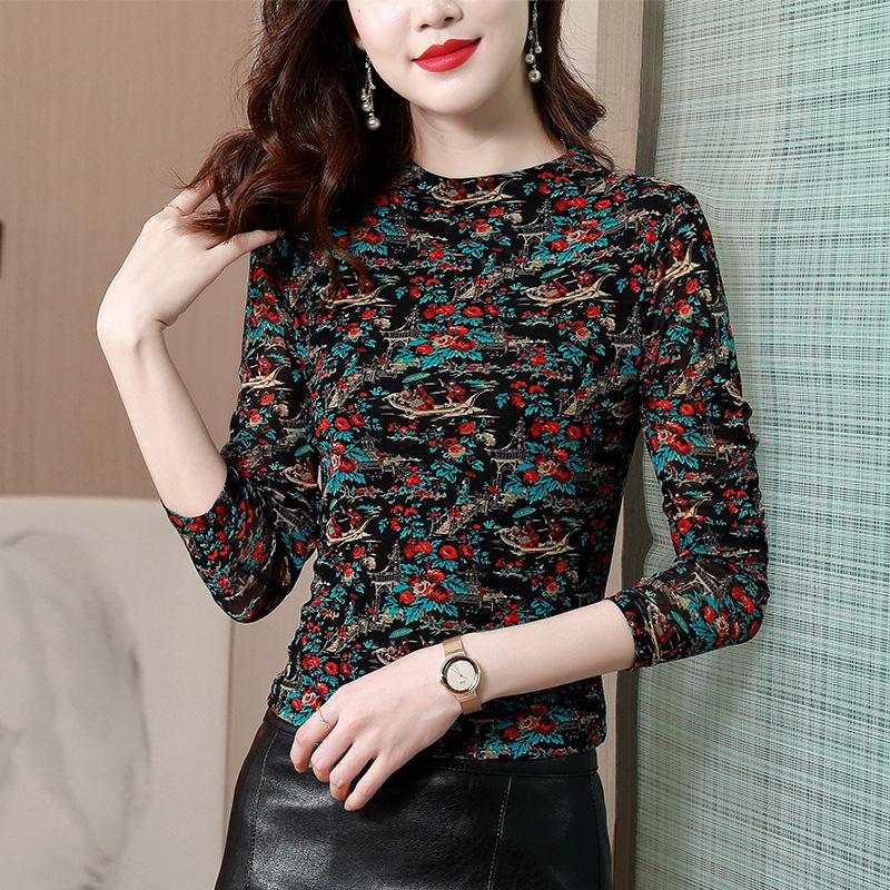 Spring and Autumn New Mesh Top Turtleneck Bottom Shirt Women's Thin Large Size Yarn Slim Versatile Long Sleeve T-Shirt