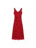 Hong Kong Red Floral V-Neck Spaghetti Strap Maxi Dress for Women - Summer 2024
