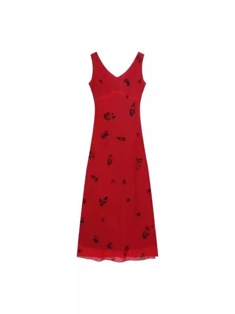 Hong Kong Red Floral V-Neck Spaghetti Strap Maxi Dress for Women - Summer 2024