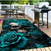 Dark Gothic Skull Rug,Metallic Skull with Teal Roses Non-Slip Floor Mat for Bedroom & Living Room, Edgy Exotic Home Decor Carpet