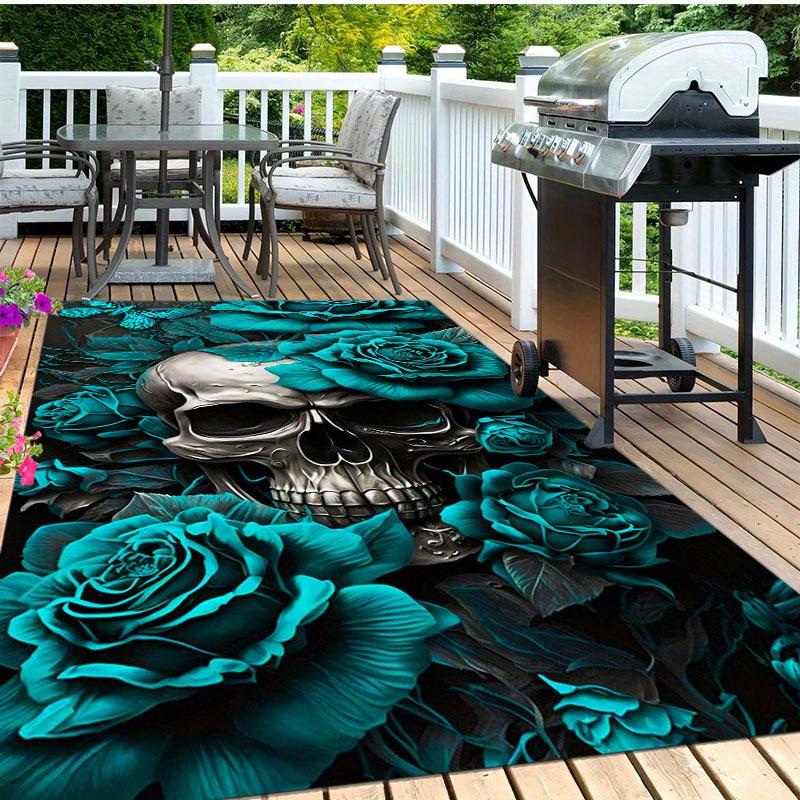 Dark Gothic Skull Rug,Metallic Skull with Teal Roses Non-Slip Floor Mat for Bedroom & Living Room, Edgy Exotic Home Decor Carpet