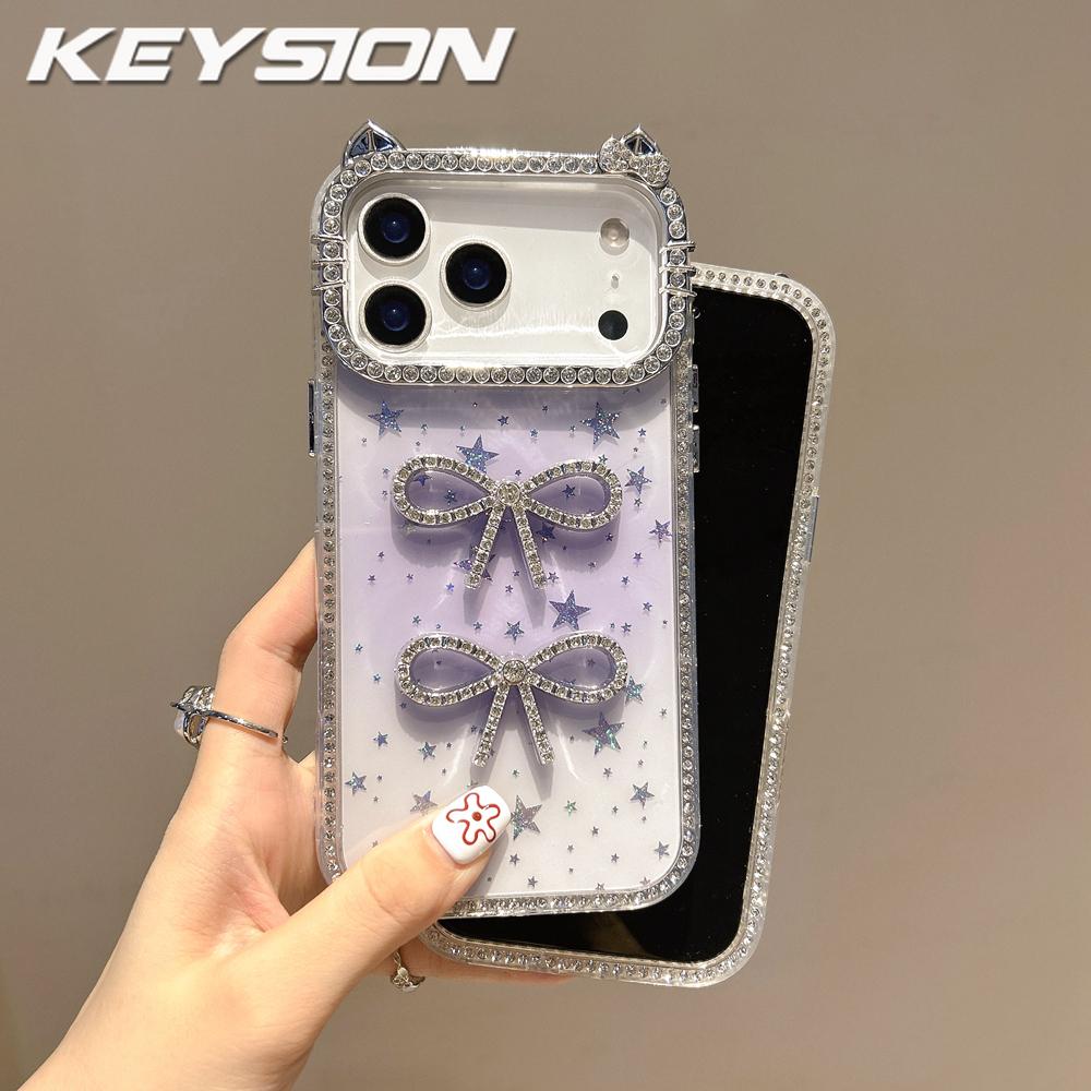 KEYSION Cute 3D Cat Ear Transparent Phone Case for iPhone 14 15 Pro Max 14 15 Plus Glitter Jewelled Bowknot Shockproof Back Cover