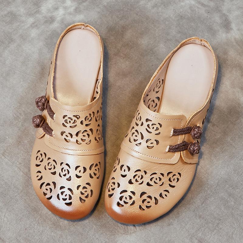 Cool slippers summer wear new bag head sandals first layer cowhide thick heel soft sole sandals women's retro hole shoes