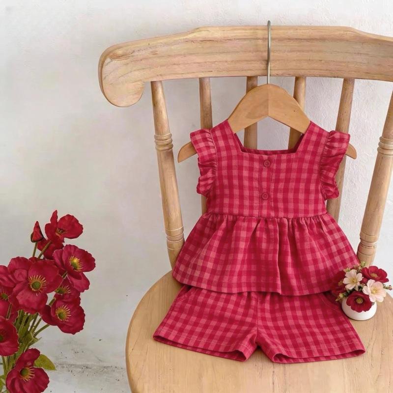 Girls Summer Fashion Flutter Sleeve Plaid Two Piece Set Stylish Kids Outfit 73cm