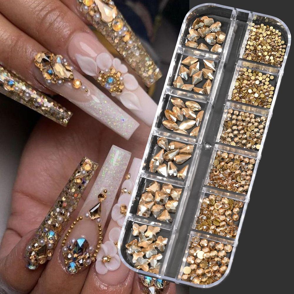 12 Grids 3D Nail Art Rhinestones Flat Bottom Square Rhombus Nail Art Charms Five-pointed Star/Heart Mixed-Shapes