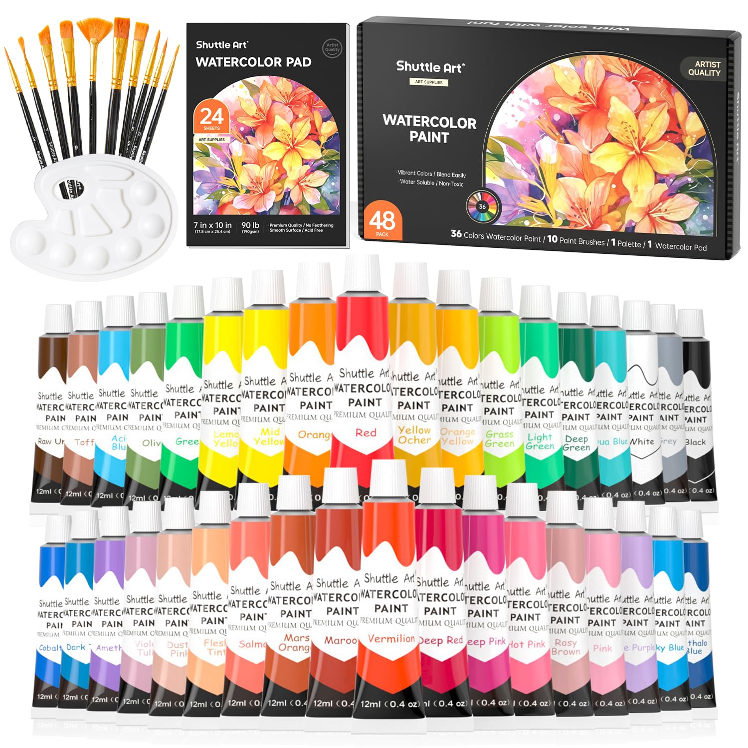 

Shuttle Art Watercolor Set with 36 Transparent 10 and Watercolor 12ml Perfect for Adult Coloring Watercolor and Art Perfect for and A Great Paints,