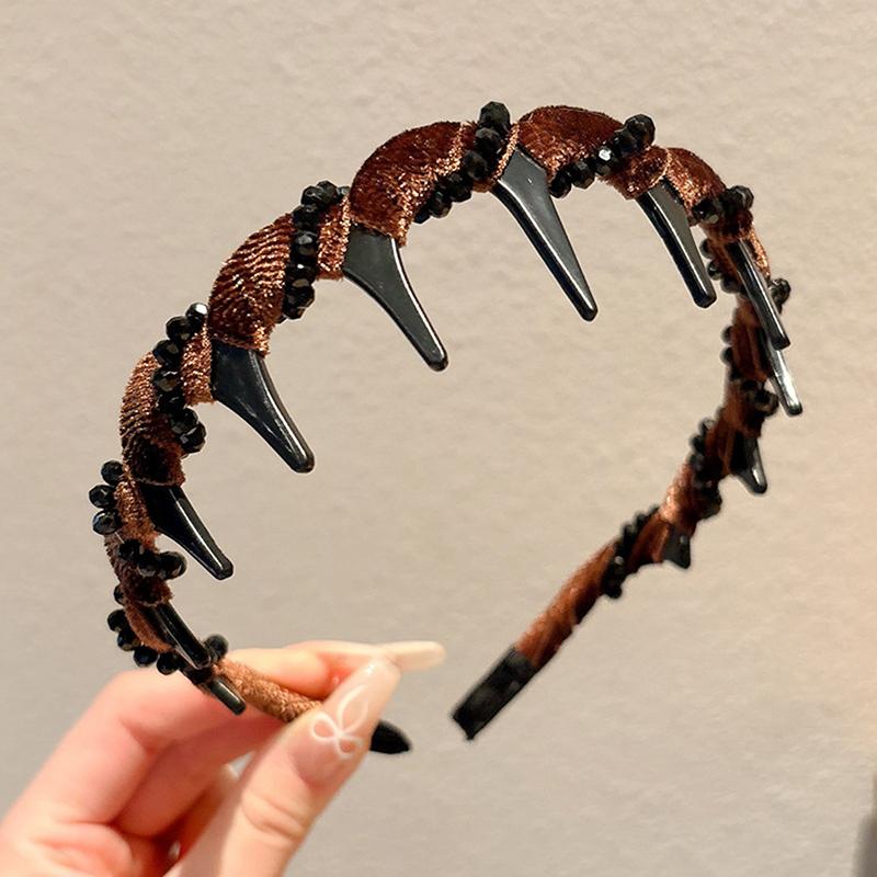 For Women Girls Fashion Sweet Anti-Slip Toothed Hairband Hair Accessories Vintage Velvet Pearl Wave Top Hairband