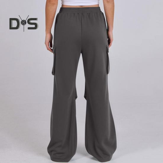 Women Cargo Pants Elastic Waist Mid-rise Straight Wide Leg Sweatpants with Multi Pockets Solid Color Casual Jogging Pants Loose Lounge Pants