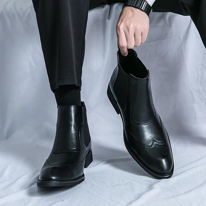 Brogue Design Mens Dress Shoes Solid Colors Mens Leather Boots High Quality Non-Slip Business Casual Mens Chelsea Boots