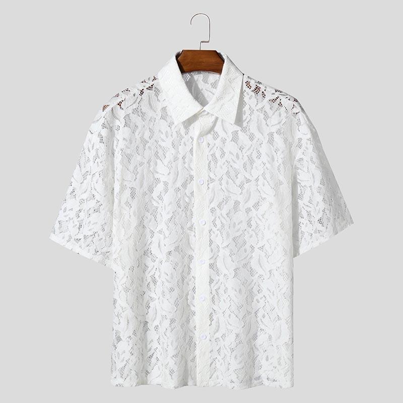 

INCERUN Мужские летние футболки с коротким рукавом из кружевной сетки, прозрачные пляжные топы L белый