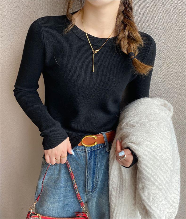 Autumn and winter new solid color soft waxy round neck knitted bottoming shirt female slim slim slim pullover sweater with top