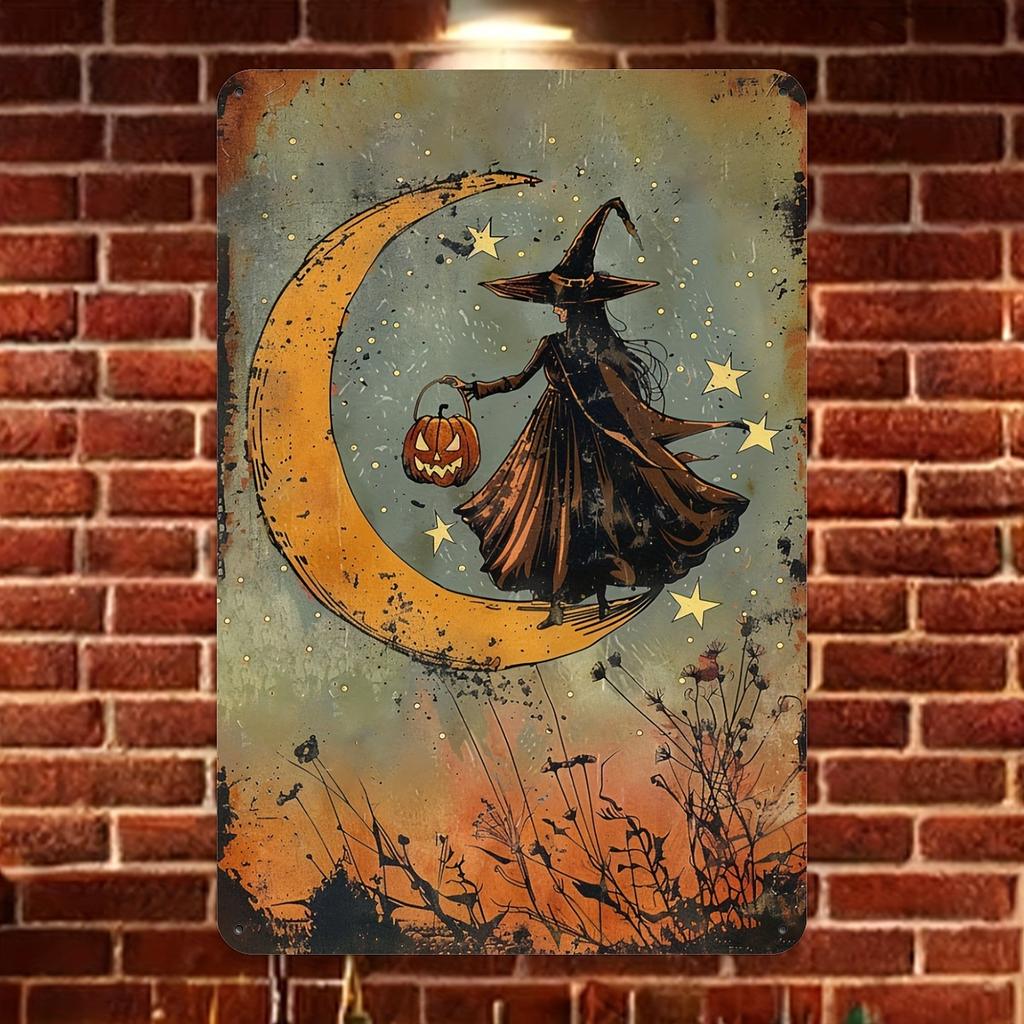 Antique Halloween Metal Sign of Witch Sitting On the Moon Wrought Iron Wall Art Decoration for Home Cafe Garage Library, Club
