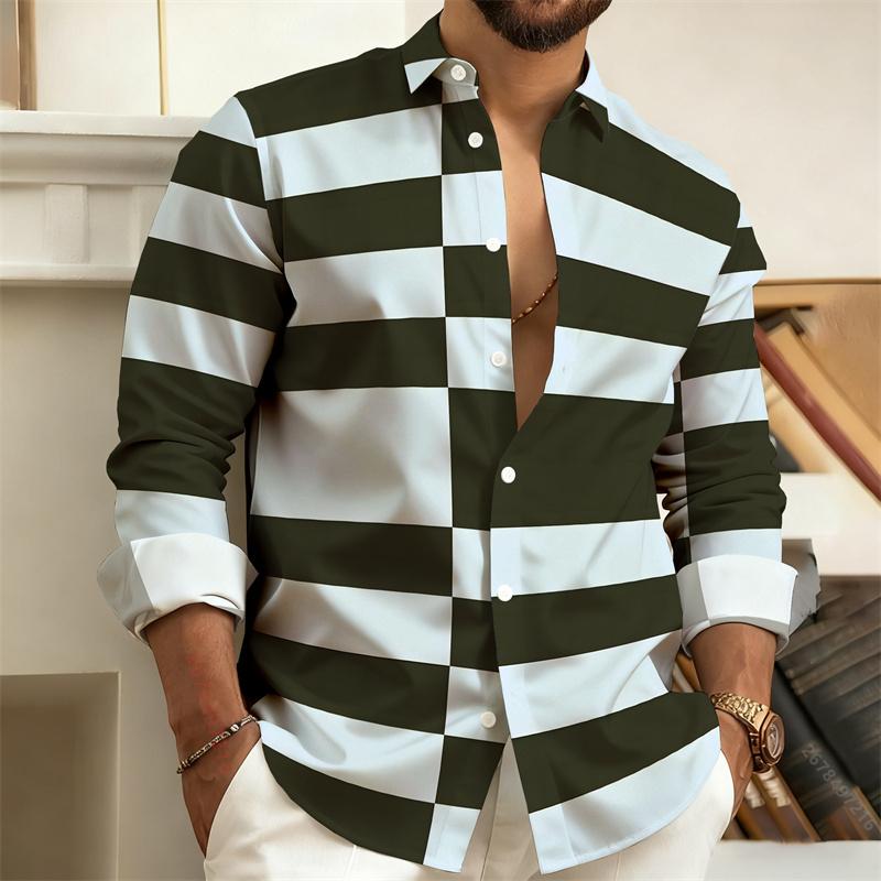 Men's Color-Block Geometric Stripe Long-Sleeve Shirt, Business Casual Dress Shirt, Slim-Fit Men's Fashion Top,