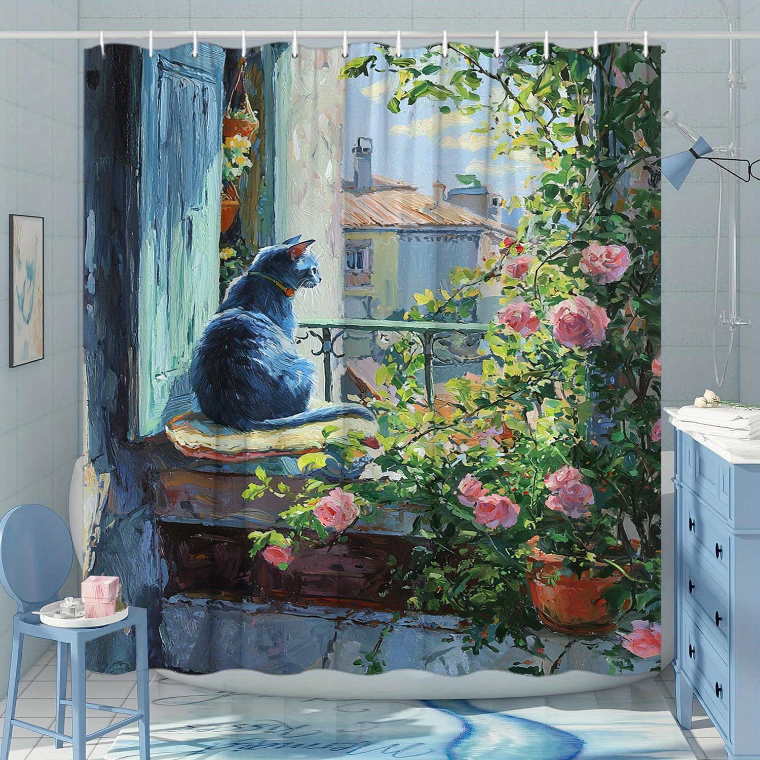 

1pc Whimsical Blue Cat Shower Curtain - Pink Roses, European Village, Pastel Buildings, Polyester, 12 Hooks, Nostalgic Design W90XH180cm