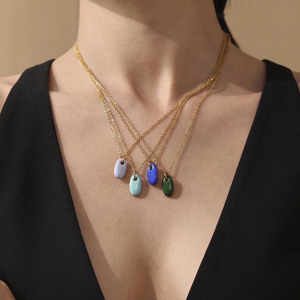 Morandi Color Oval Enamel Drop Pendant Necklace, Simple & Elegant Clavicle Layer, Stainless Steel Chain, Non-Fading.