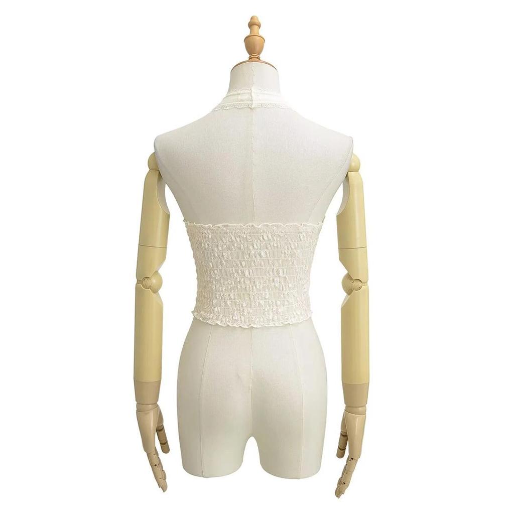 American-Style U-Neck Halter Bow Camisole with Chest Pads - Women's Lace Jacquard Slimming Top