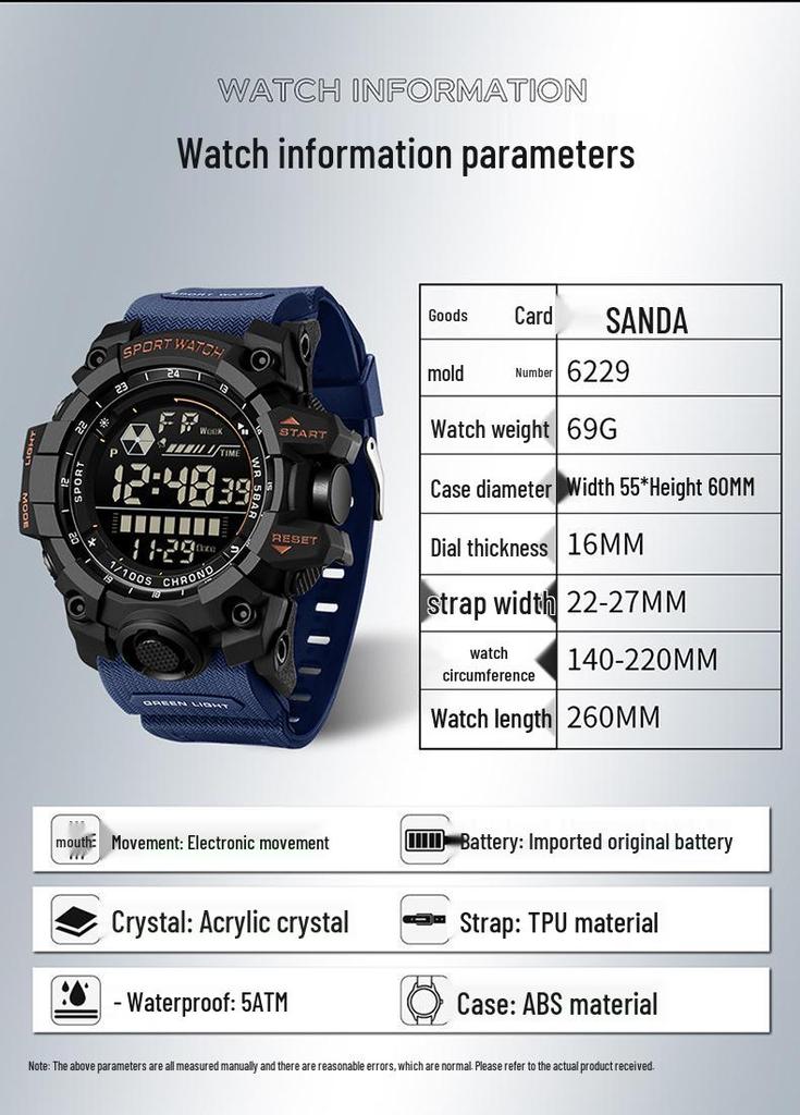 Orologio Sportivo Impermeabile Sanda per Adolescenti da Esterno - Alla Moda con Schermo Grande, Orologio Elettronico Multifunzione
