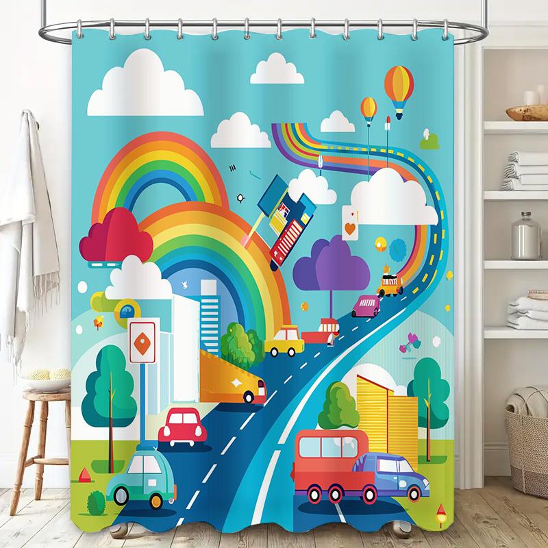 Rainbow Road Shower Curtain Creative Bathroom Decor with Cars Balloons Happy Home Accessories for Kids Room 3D Printed Waterproo