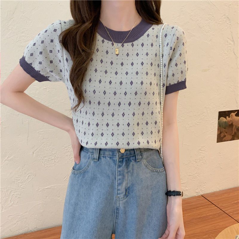 

Летняя трикотажная рубашка женская с коротким рукавом облегающий низ в стиле колледжа комплект верхней одежды тонкий верх L