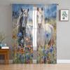 Black White Horse Watercolor Painting Tulle Sheer Window Curtains for Living Room Kitchen Children Bedroom Voile Hanging Curtain