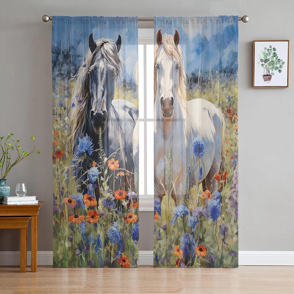 Black White Horse Watercolor Painting Tulle Sheer Window Curtains for Living Room Kitchen Children Bedroom Voile Hanging Curtain