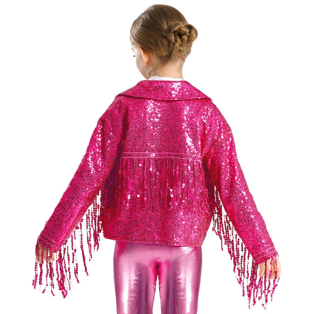 Mädchen Party Jacke Glitzernde Pailletten Quasten Detail Langarm Offen Vorne Bühnenkostüm Mantel