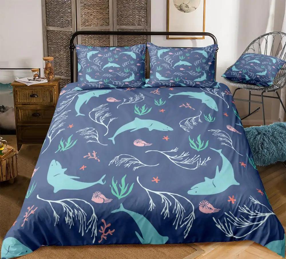 Set Copripiumino Oceanico Set Biancheria da Letto Balena Azzurra Biancheria da Letto Animale Marino Set Letto a Righe Tessile per la Casa in Microfibra per Bambini e Adolescenti