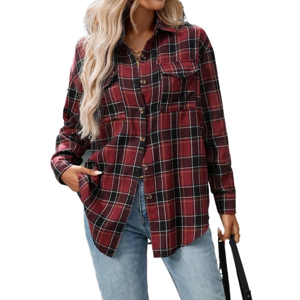 Women's Casual Button-Down Plaid Shirt, Long Sleeve Tie Front Top, Multiple Color Options
