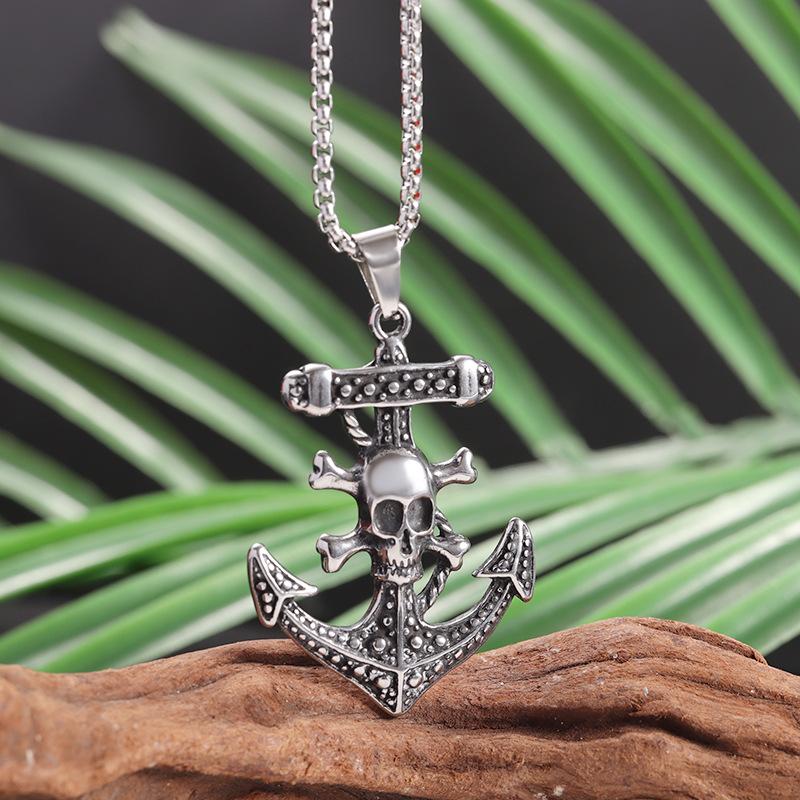 Punk Style Trendy Boat Anchor Necklace with Retro Skull Pattern Stainless Steel Pendant Necklace for Men