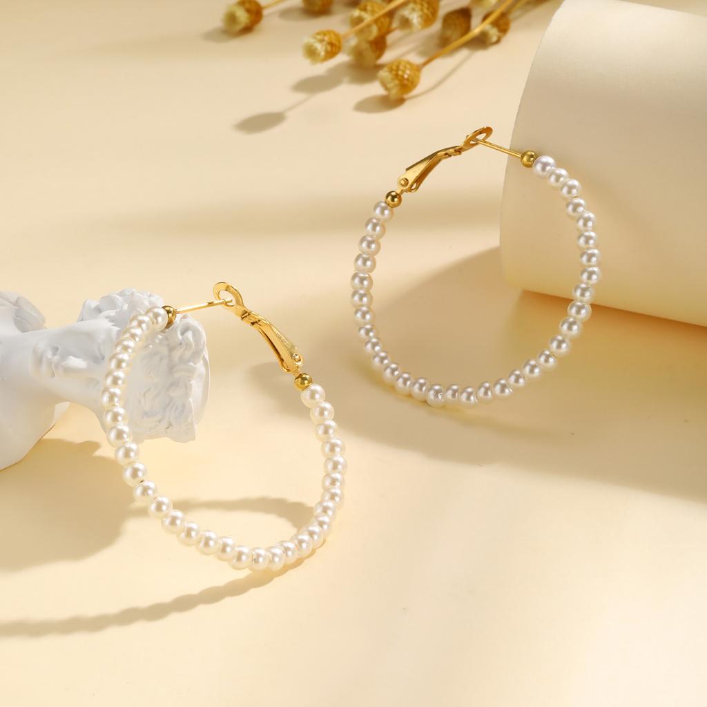 Vintage Pearl Hoop Earrings For Women, Waterproof Stainless Steel Fashion Hypoallergenic Girls Pearl Earrings