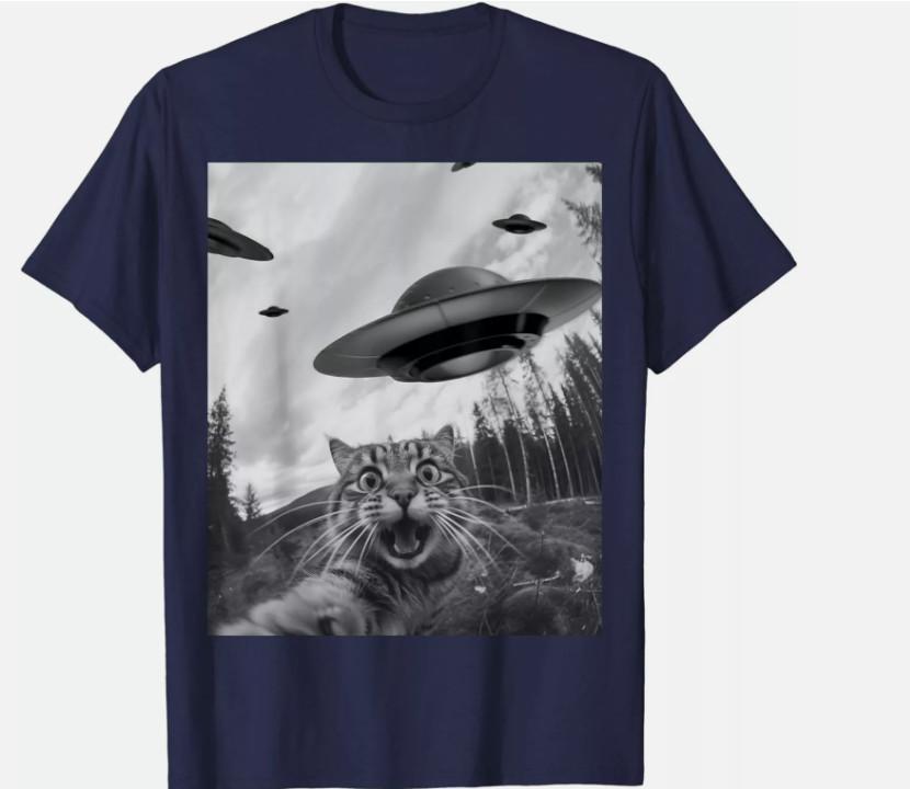 Funny Cat Selfie With Alien UFO Cool Animal Lover Unisex T-Shirt cotton All Size XXXL
