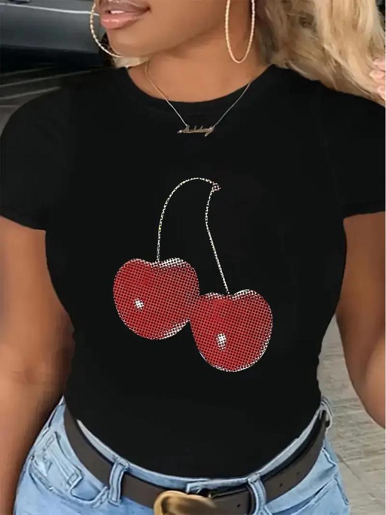 Women's Cherry Print Short-Sleeve Top with Free Shipping