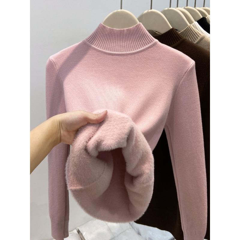 

Winter integrated velvet thickened turtleneck knitted bottoming shirt women s warm inner top soft waxy basic sweater XL рожевий