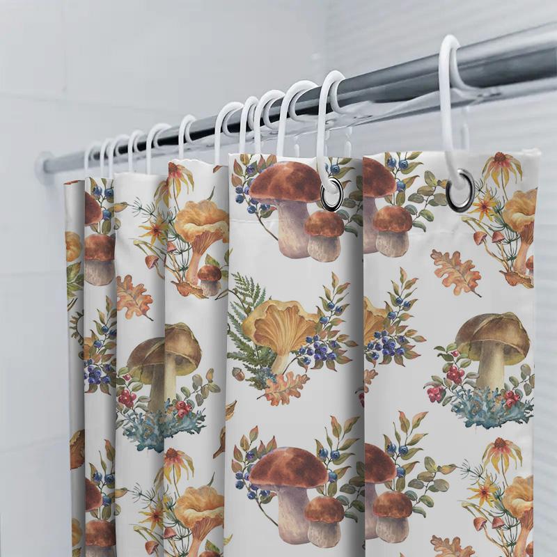 Forest Mushrooms Autumn Leaves Shower Curtainprinted Polyester Waterproof Bathroom Decorative Wall Hanging (White)