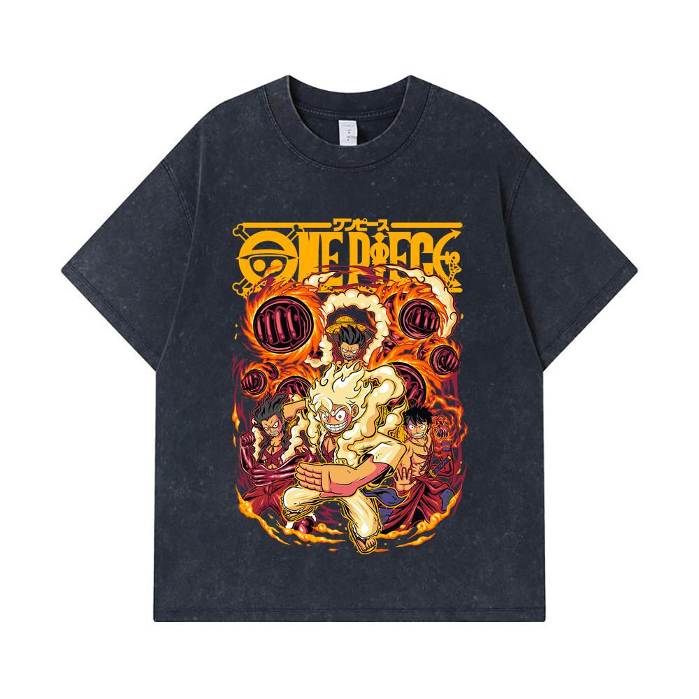 275 GSM Washed T-shirts 100% Cotton One Piece V5 Luffy Gears Print Unisex Heavy Cotton T Shirt